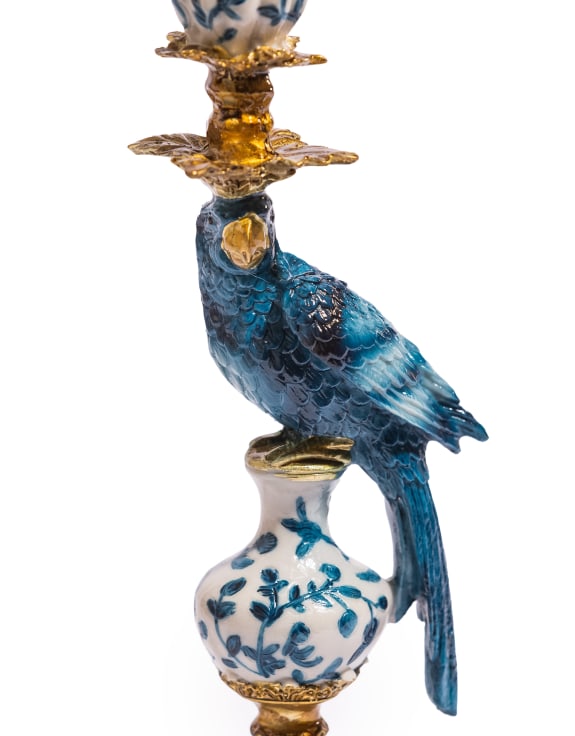 Ornate Parrot Candle Holder Pair | Antiqued Blue & White Home Décor
