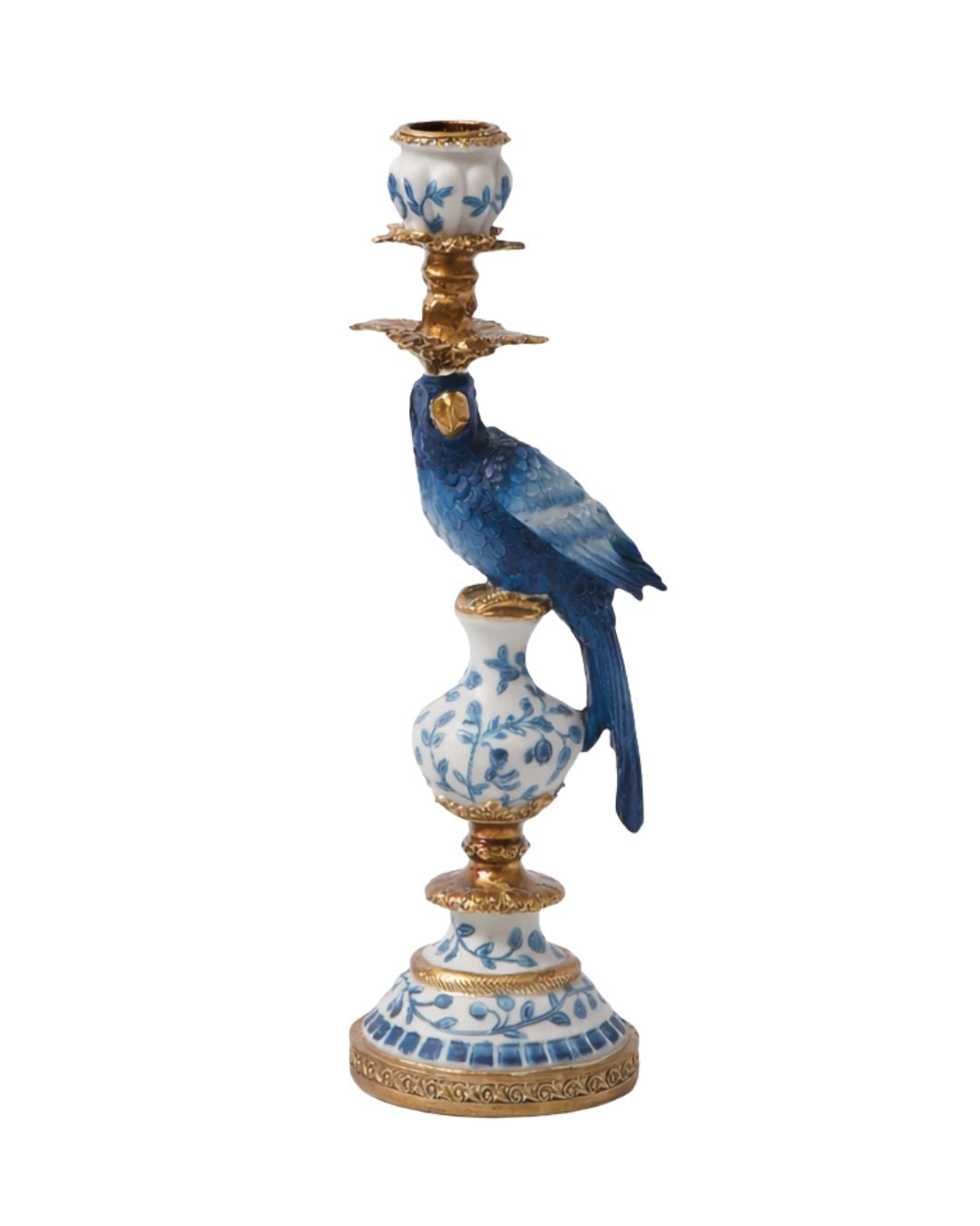 Ornate Parrot Candle Holder | Antiqued Blue & White – Right Facing