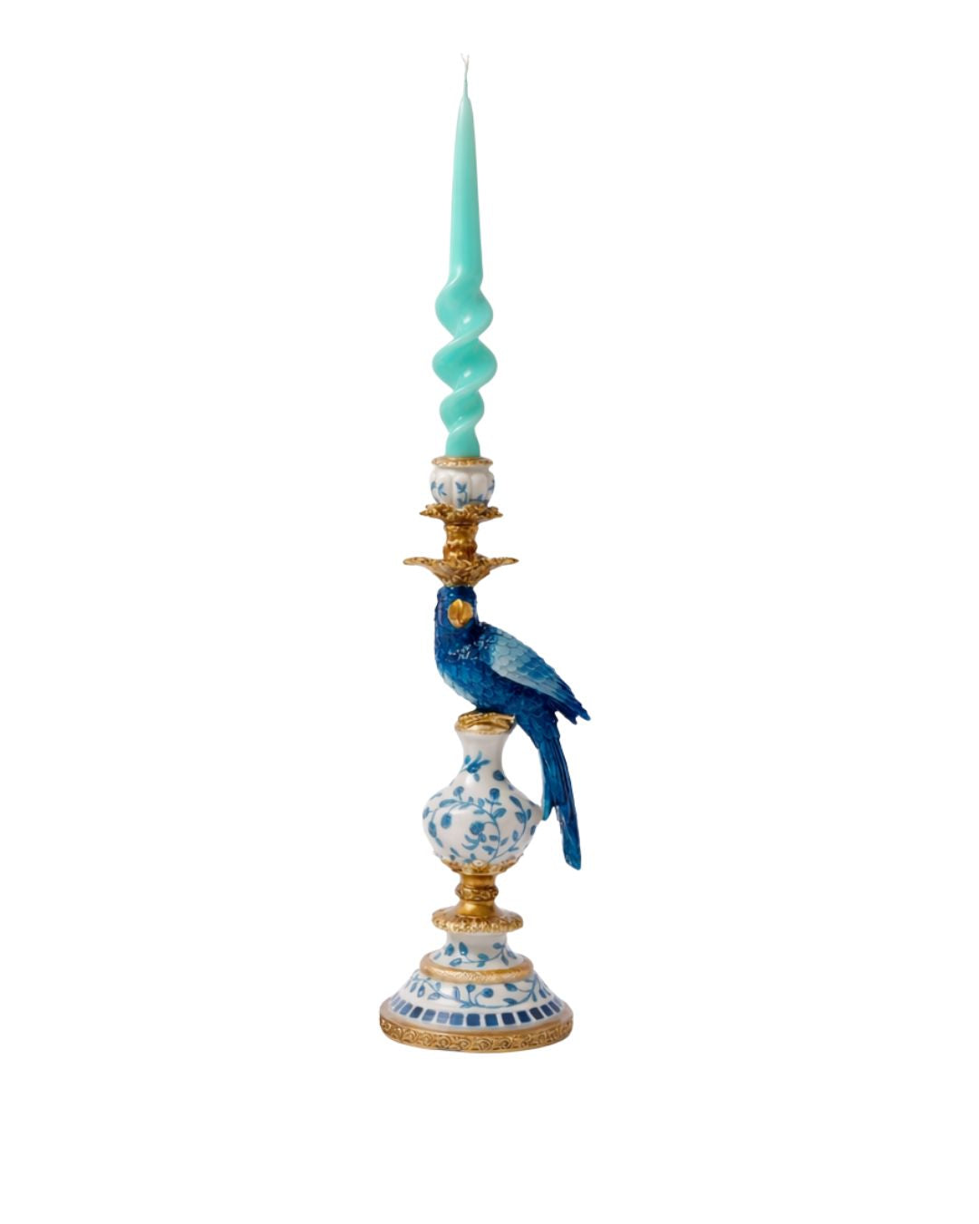 Ornate Parrot Candle Holder | Antiqued Blue & White – Right Facing