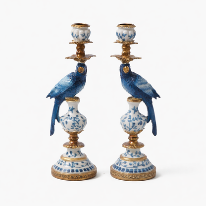 Ornate Parrot Candle Holder Pair | Antiqued Blue & White Home Décor