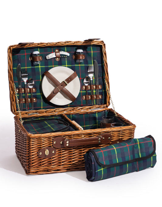 Luxury Tartan Picnic Hamper for Two | Leather Handles & Full Accessories Set