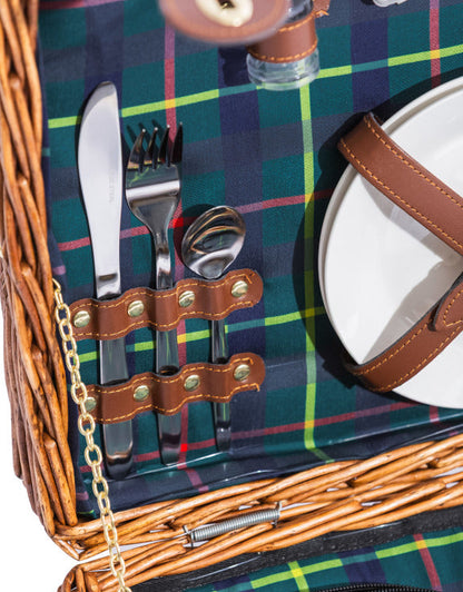 Luxury Tartan Picnic Hamper for Two | Leather Handles & Full Accessories Set