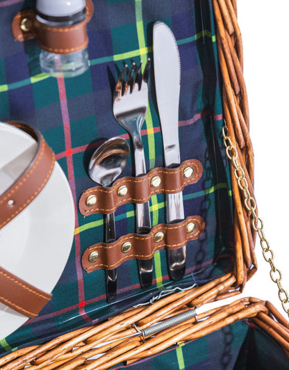 Luxury Tartan Picnic Hamper for Two | Leather Handles & Full Accessories Set