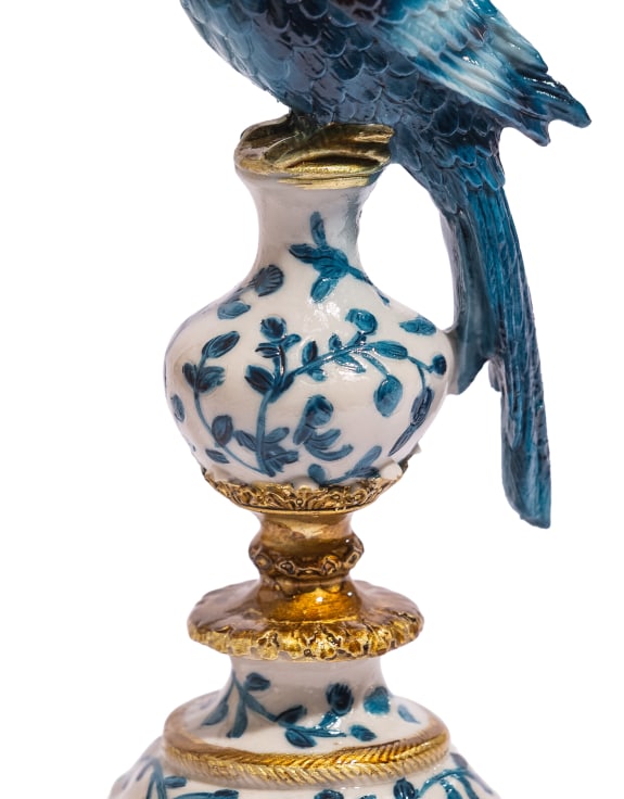 Ornate Parrot Candle Holder | Antiqued Blue & White – Right Facing