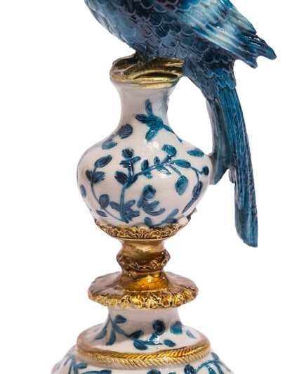 Ornate Parrot Candle Holder | Antiqued Blue & White – Right Facing